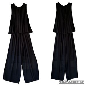 Talia Benson Black Pleated Chiffon Dressy Jumpsuit Lined Elastic Waist Size S